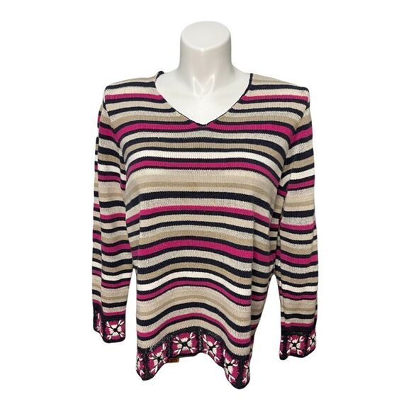 VILLAGER Sport Woman V-Neck Crochet Detail Striped Pullover Sweater Size 2X‎ - Picture 1 of 5